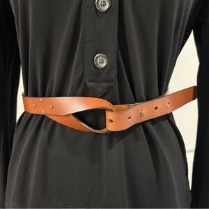 GAP Cognac Brown Cow Leather Lariat Knotted Boho Waist Belt minimalist XS 29”